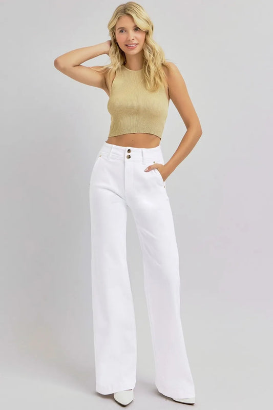Transform Your Style with RISEN Full Size Tummy Control Double Button Wide Leg Jeans