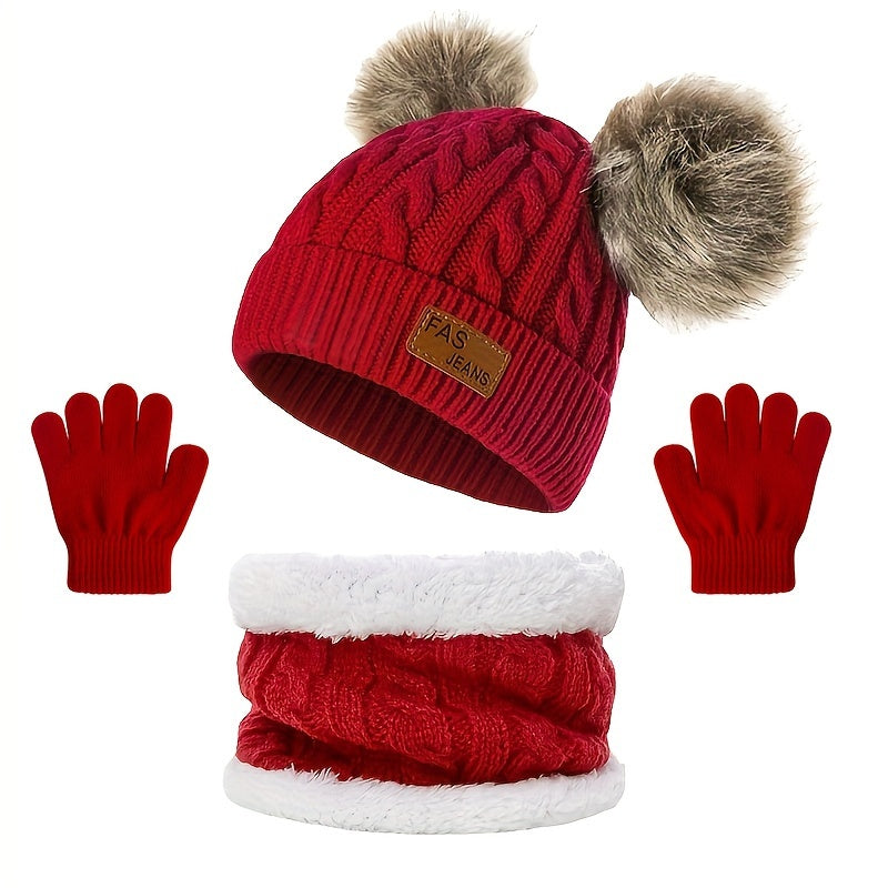 1pc Toddler Knitted Hat, Pure Color Winter Twist Double Pom Pom Knitted Beanies Cap