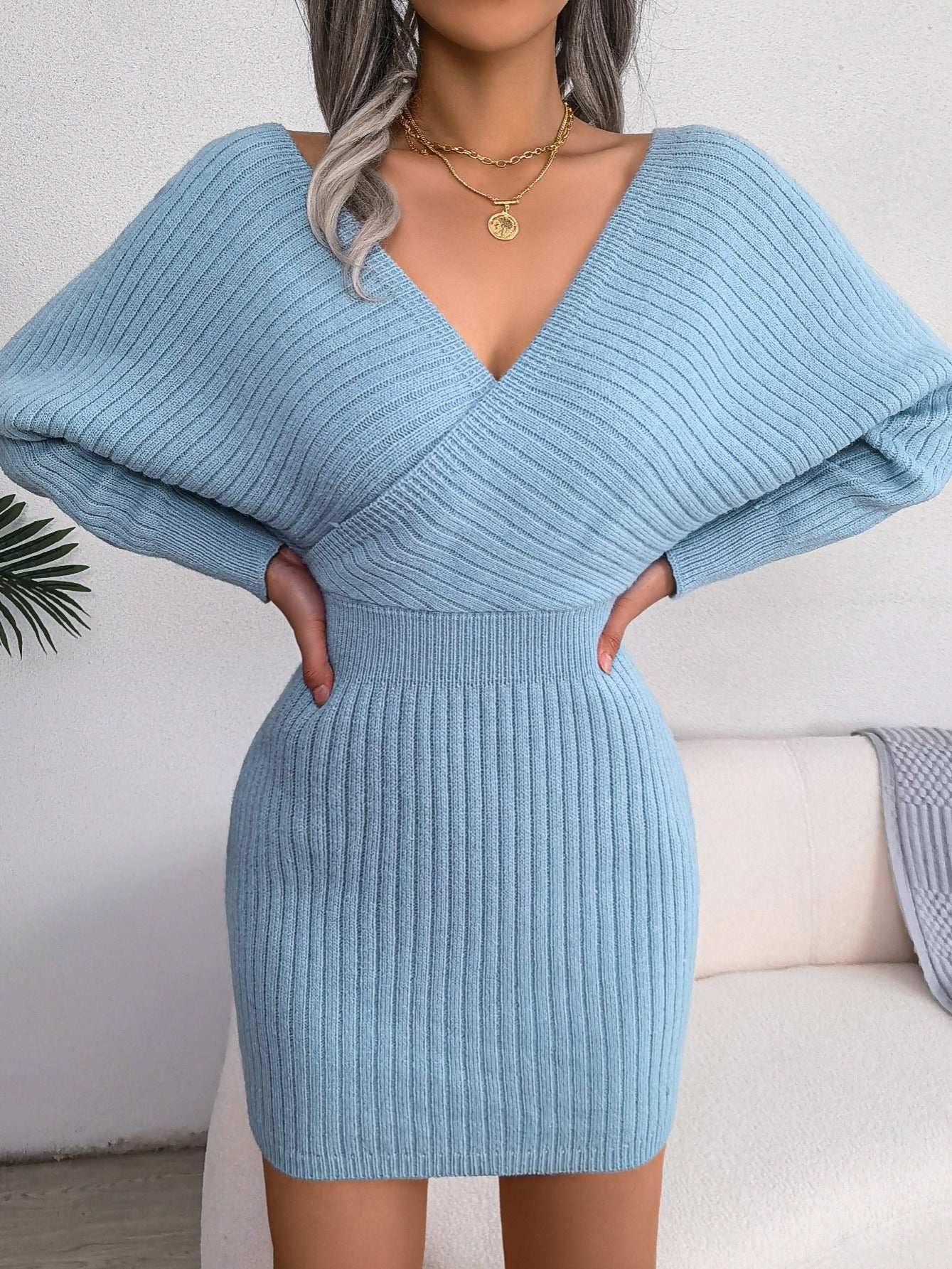 Sexy Cross V Neck Bodycon Sweater Dress, Batwing Sleeve Solid Criss Cross Neck Cross Sexy Dresses, Women's Clothing