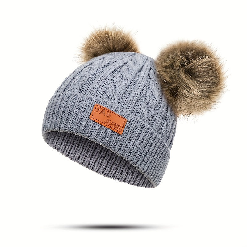 1pc Toddler Knitted Hat, Pure Color Winter Twist Double Pom Pom Knitted Beanies Cap