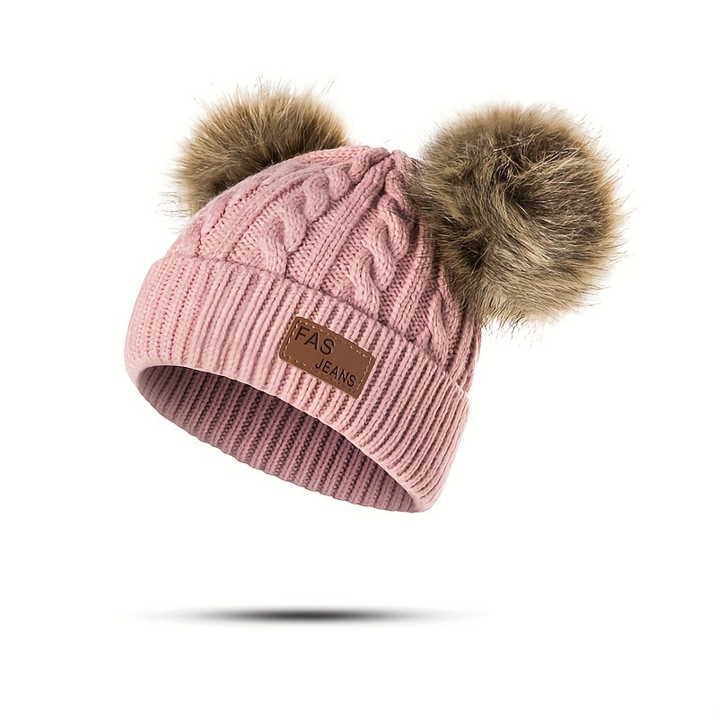 1pc Toddler Knitted Hat, Pure Color Winter Twist Double Pom Pom Knitted Beanies Cap