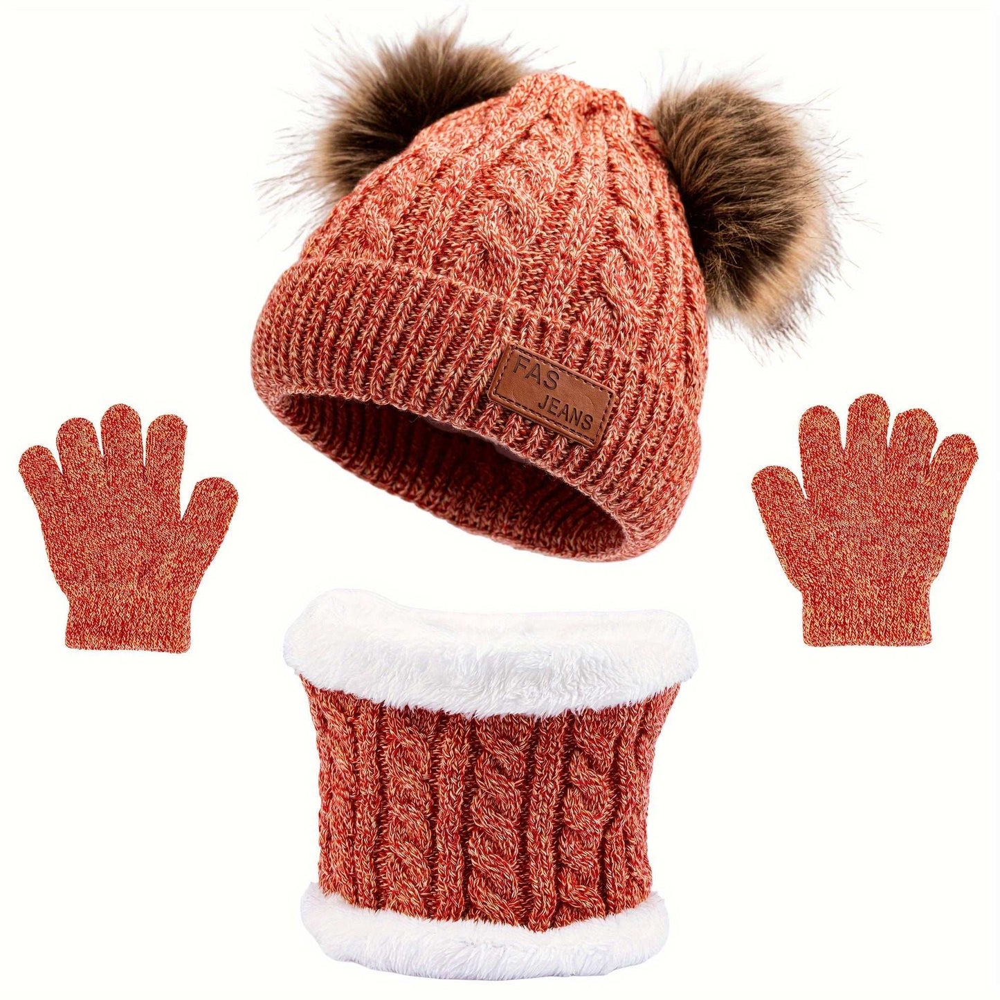 1pc Toddler Knitted Hat, Pure Color Winter Twist Double Pom Pom Knitted Beanies Cap