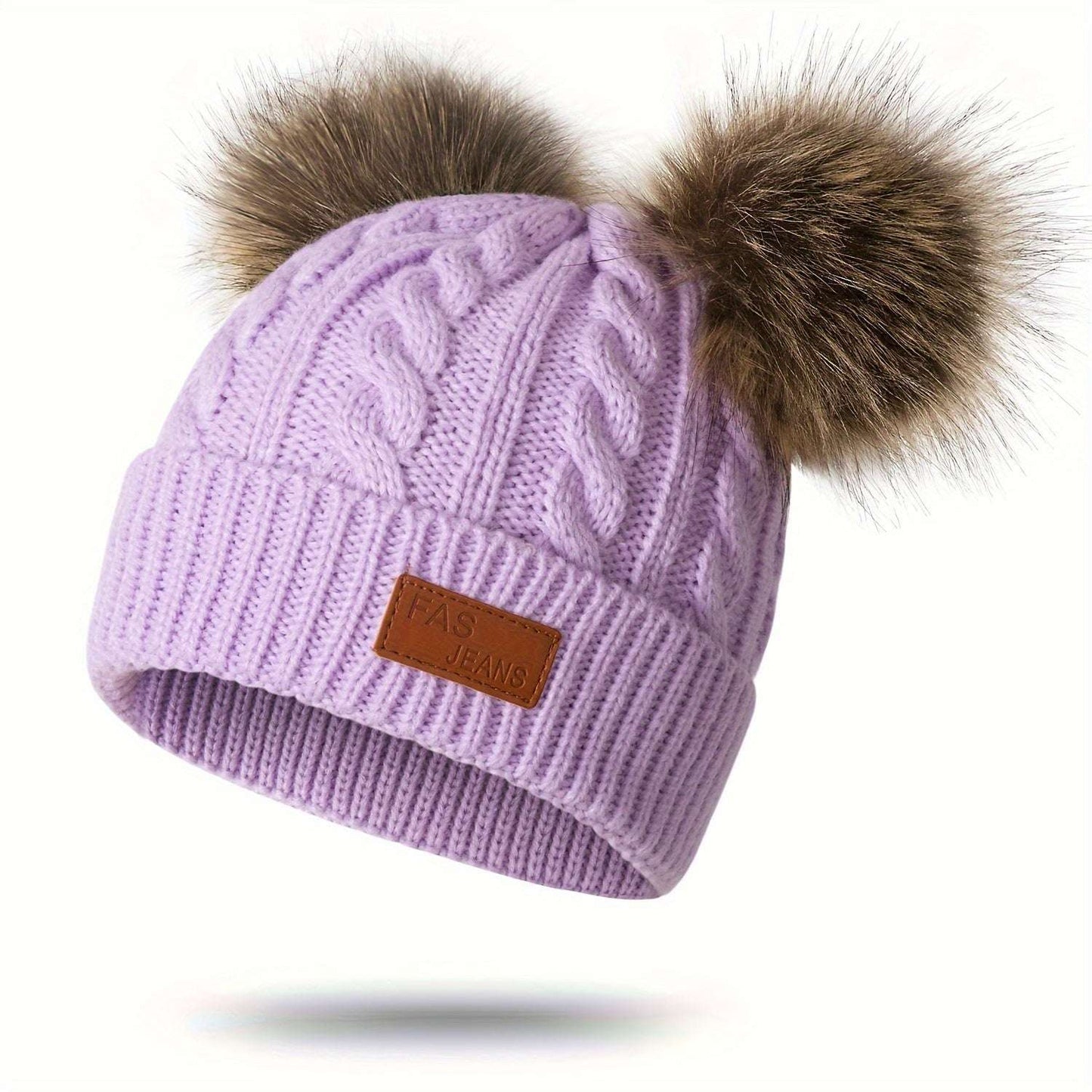 1pc Toddler Knitted Hat, Pure Color Winter Twist Double Pom Pom Knitted Beanies Cap