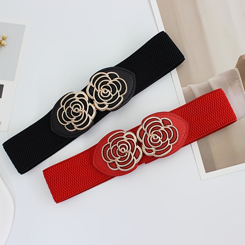 Vintage Stretch Wide Waist Belt For Women Dress Waistband Metal Leaf Buckle