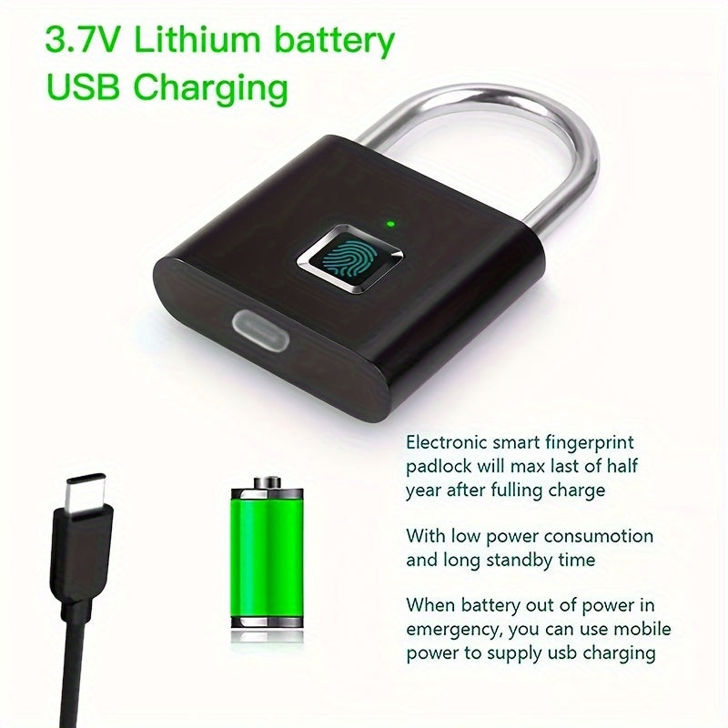 1pc Mini Smart Fingerprint Padlock, Small Portable Metal Security Antitheft Lock, Keyless USB Rechargeable Battery Suitcase Luggage Backbag Door Lock