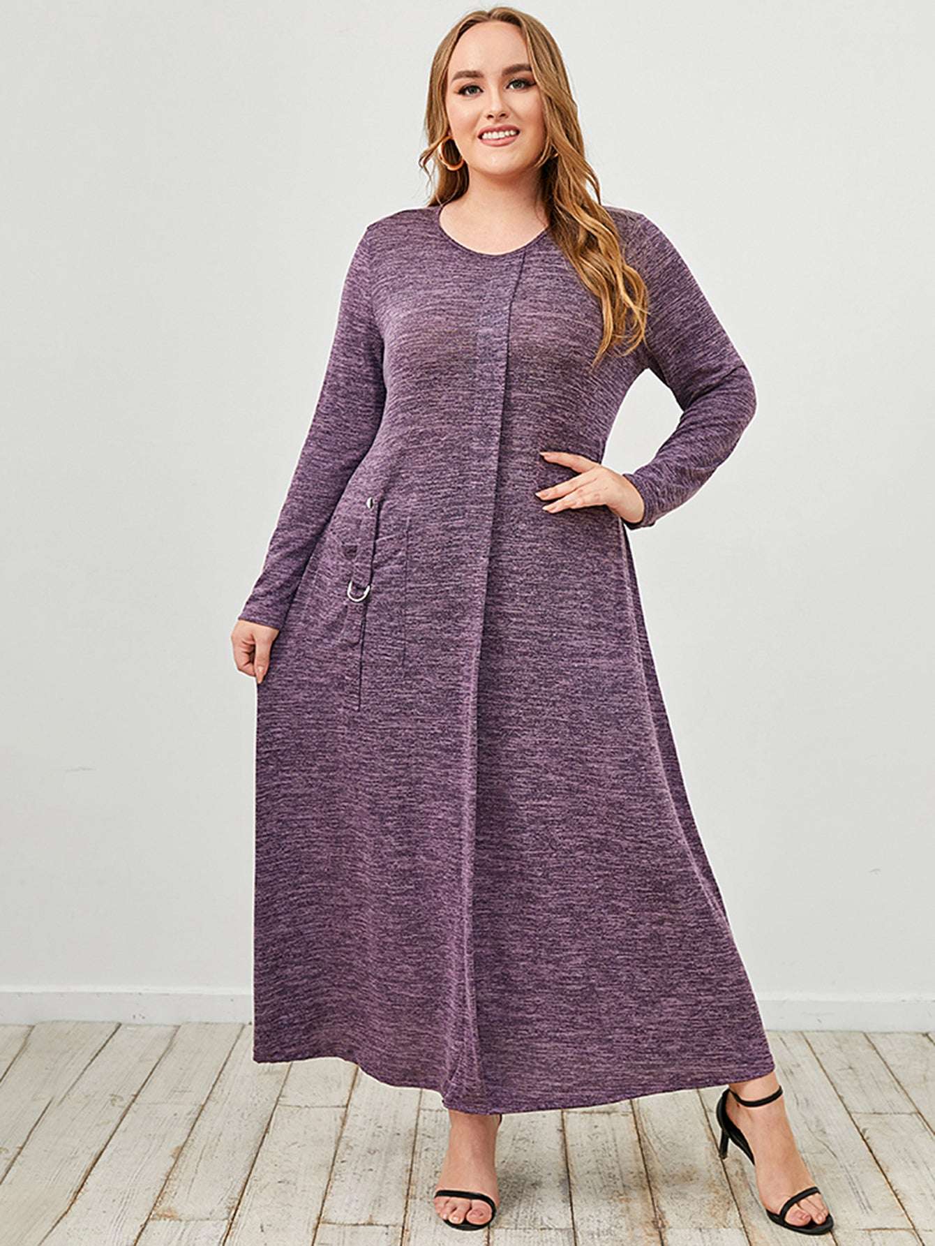 Women's Plus Size Casual Long Sleeve Dress, Spring Fall Crew Neck Dress With Pocket