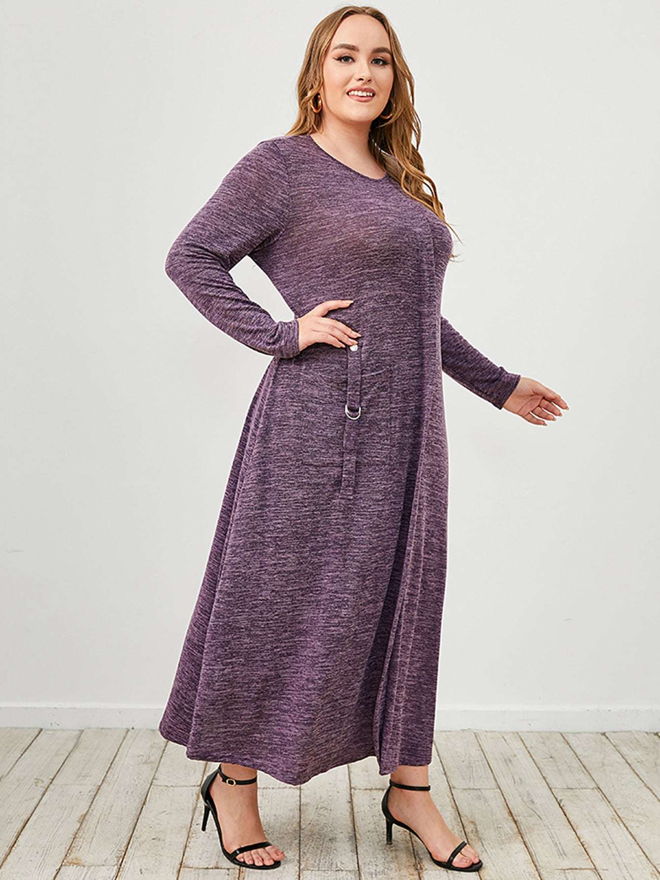 Women's Plus Size Casual Long Sleeve Dress, Spring Fall Crew Neck Dress With Pocket