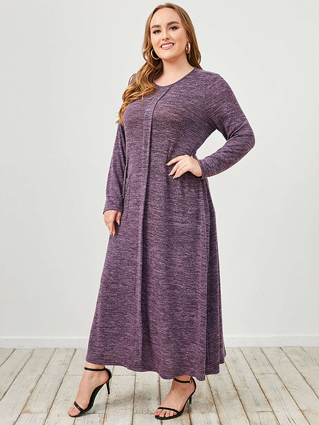 Women's Plus Size Casual Long Sleeve Dress, Spring Fall Crew Neck Dress With Pocket