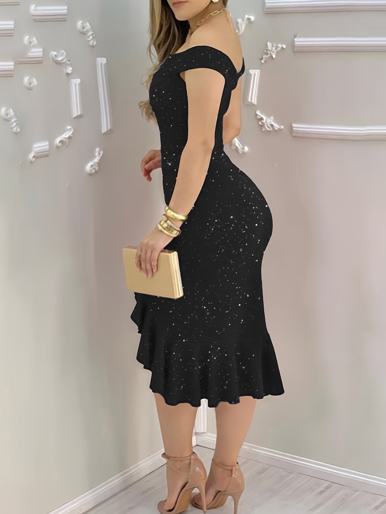 Knee-High Elastic Micro Ruffle Trim Polyester Slingback Dress - Elegant Solid Color Party Dress for Women - Spring/Summer Fashion