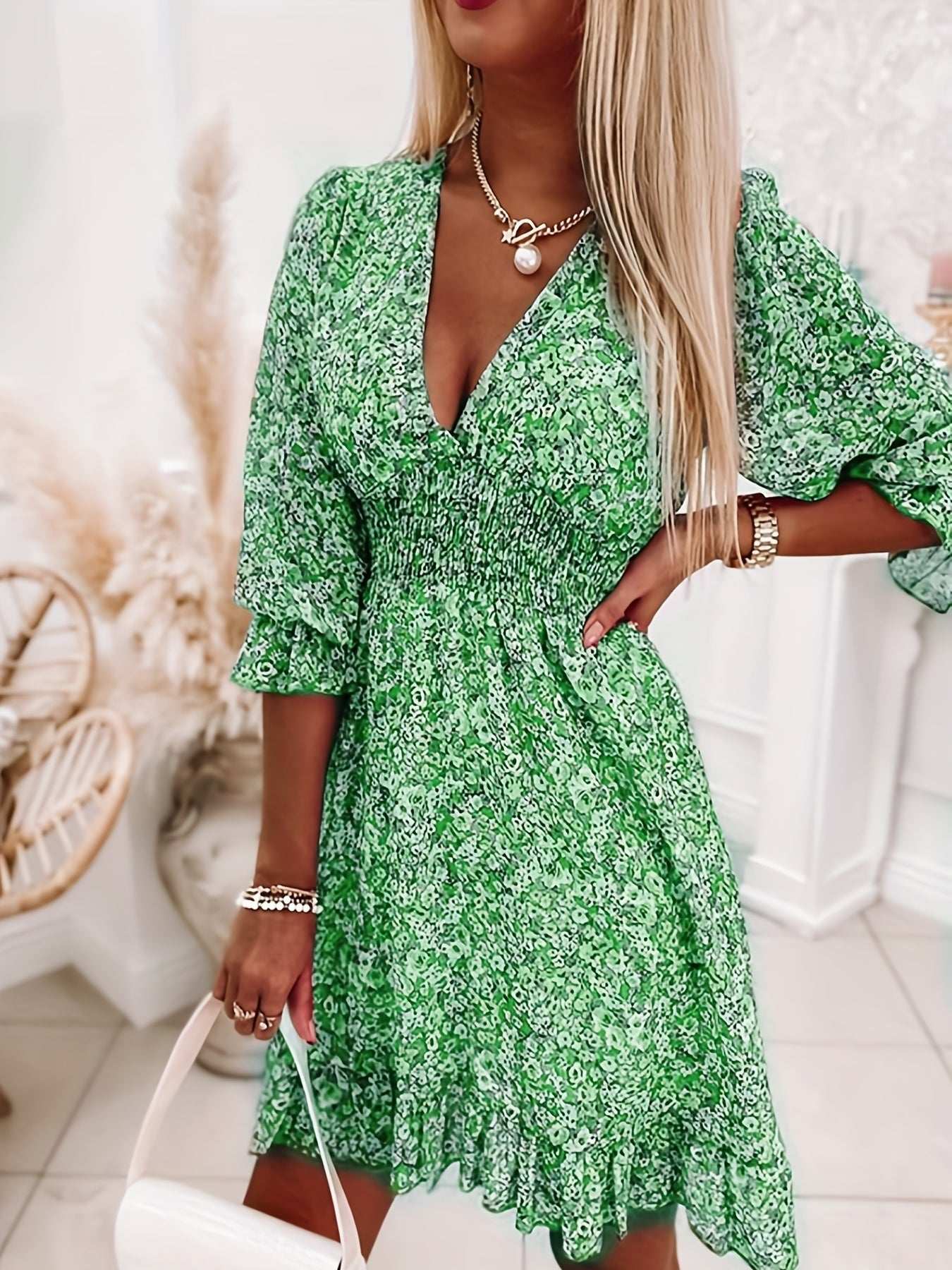 Women's Dresses Puff Sleeve Floral Print Ruched Waist V-Neck Boho Dresses