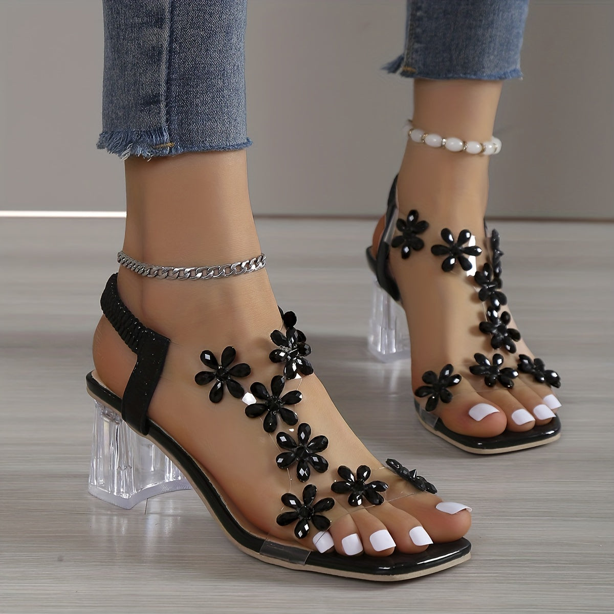 Women's Rhinestone Block Heel Sandals with Square Open Toe, Elastic Straps, Slip-On Heels for Versatile Style