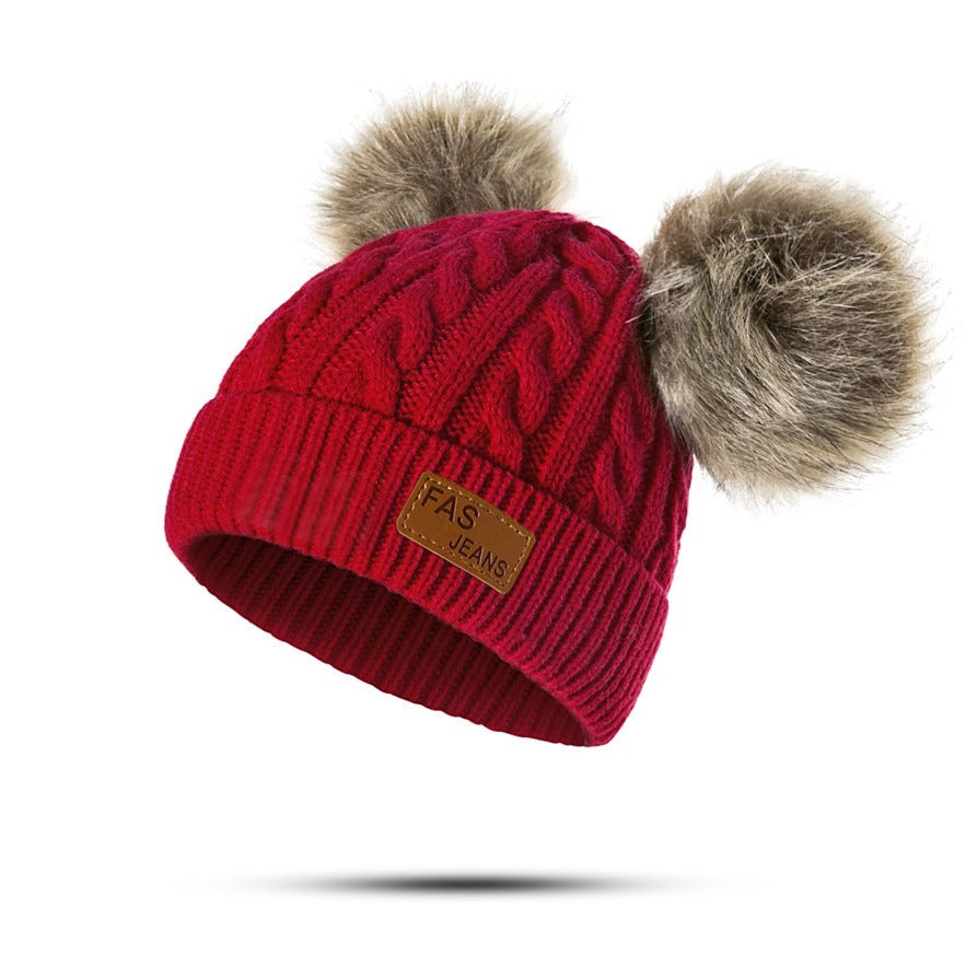 1pc Toddler Knitted Hat, Pure Color Winter Twist Double Pom Pom Knitted Beanies Cap