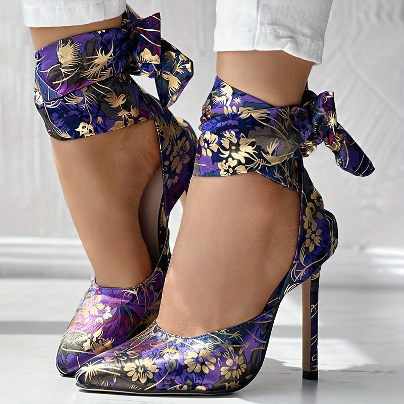 CBI STYLE Women's Floral Stiletto High Heels - Pointed Toe Ankle Strap Ultra-High Heels with Fabric Upper & PVC Sole for Weddings, Parties, Formal Events, Stiletto Heels