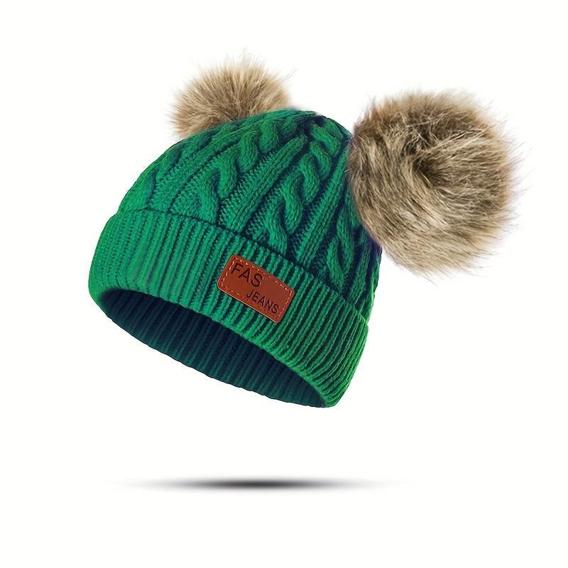 1pc Toddler Knitted Hat, Pure Color Winter Twist Double Pom Pom Knitted Beanies Cap