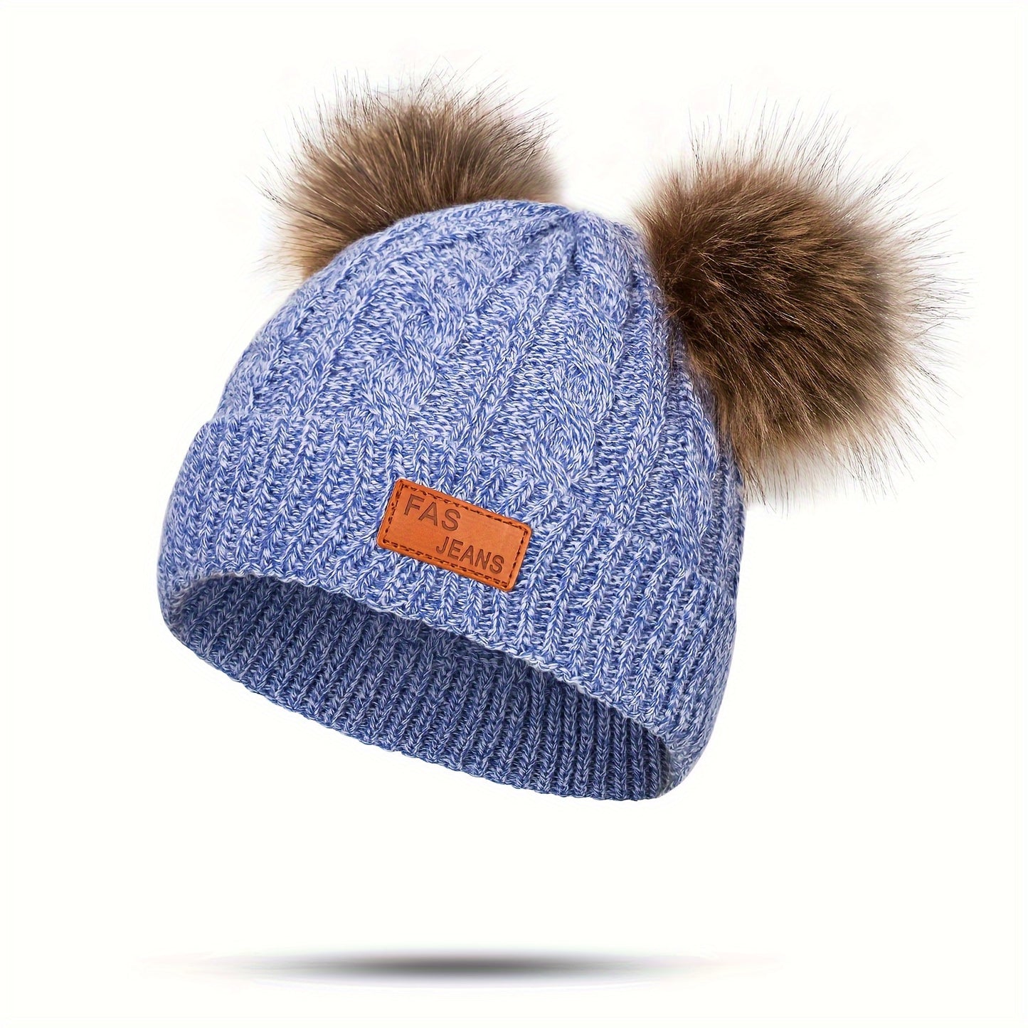 1pc Toddler Knitted Hat, Pure Color Winter Twist Double Pom Pom Knitted Beanies Cap