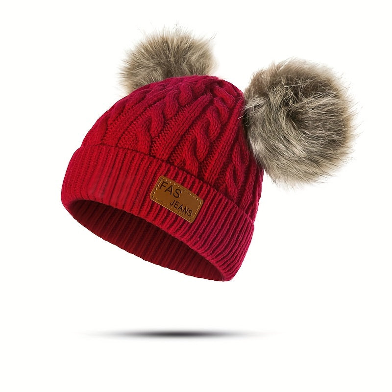 1pc Toddler Knitted Hat, Pure Color Winter Twist Double Pom Pom Knitted Beanies Cap