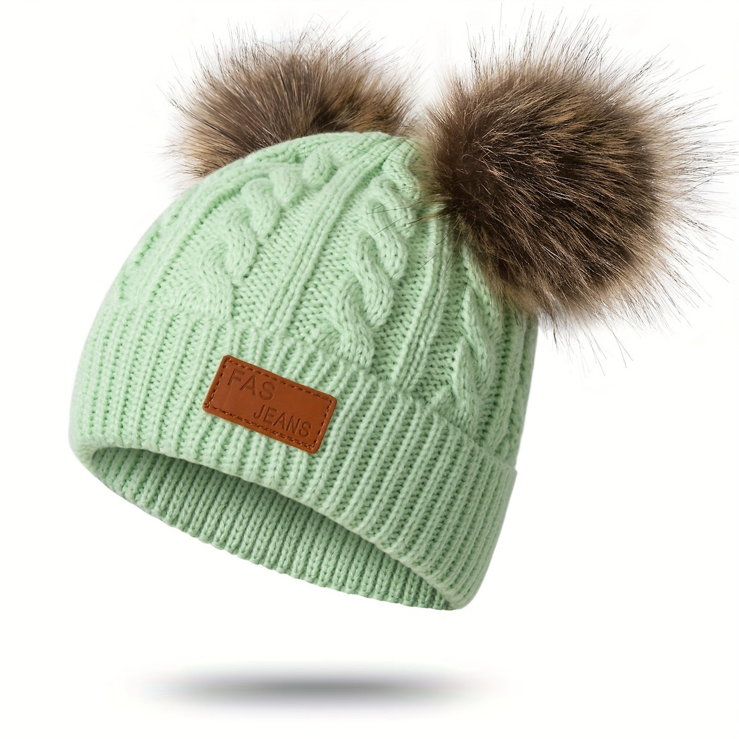 1pc Toddler Knitted Hat, Pure Color Winter Twist Double Pom Pom Knitted Beanies Cap