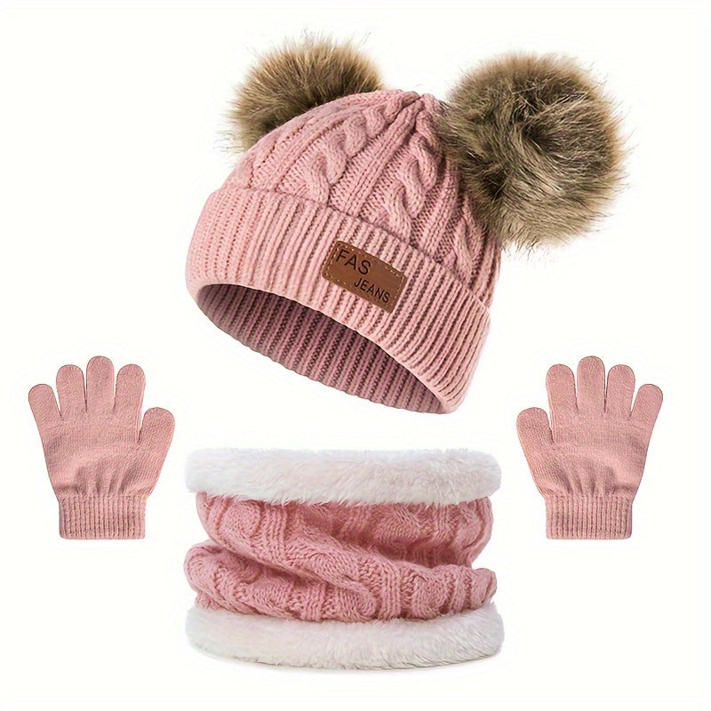 1pc Toddler Knitted Hat, Pure Color Winter Twist Double Pom Pom Knitted Beanies Cap