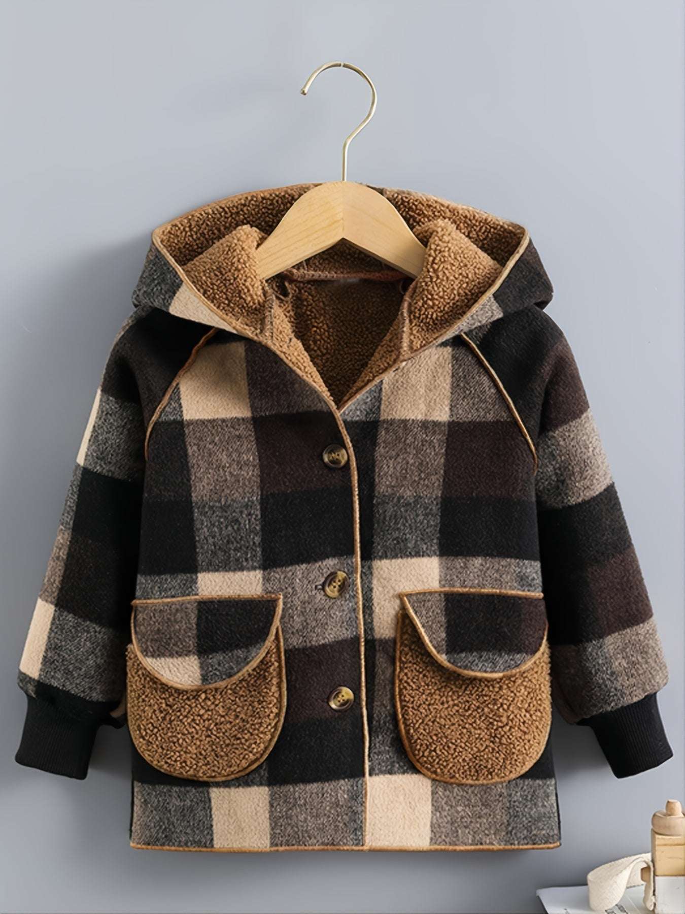 Cozy Boys' Plaid Hooded Jacket - Warm, Button-Front, Soft Plush Lining, Water-Resistant, Winter Kids' Clothing for Outdoor Play