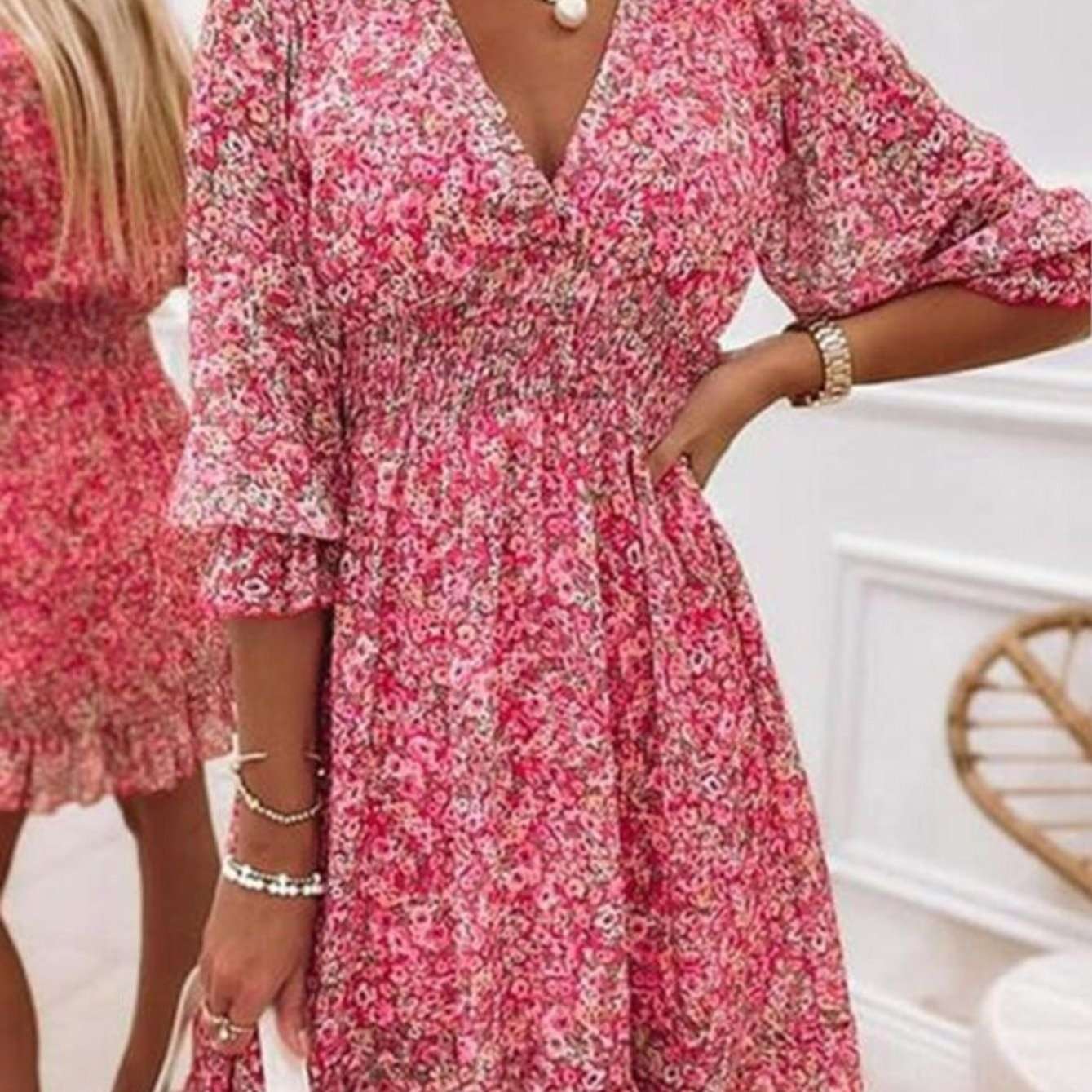 Women's Dresses Puff Sleeve Floral Print Ruched Waist V-Neck Boho Dresses