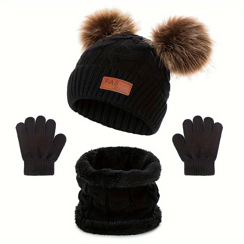 1pc Toddler Knitted Hat, Pure Color Winter Twist Double Pom Pom Knitted Beanies Cap