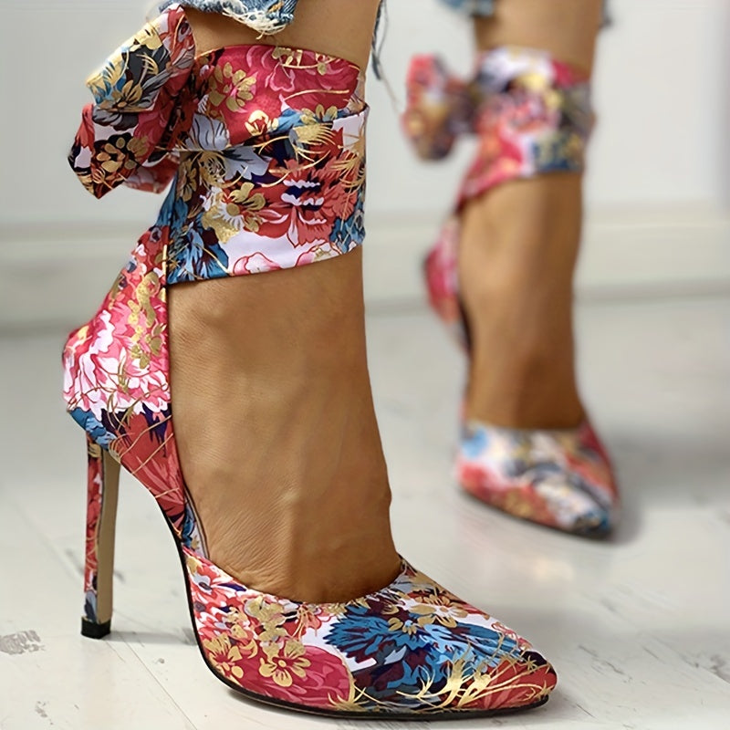 CBI STYLE Women's Floral Stiletto High Heels - Pointed Toe Ankle Strap Ultra-High Heels with Fabric Upper & PVC Sole for Weddings, Parties, Formal Events, Stiletto Heels