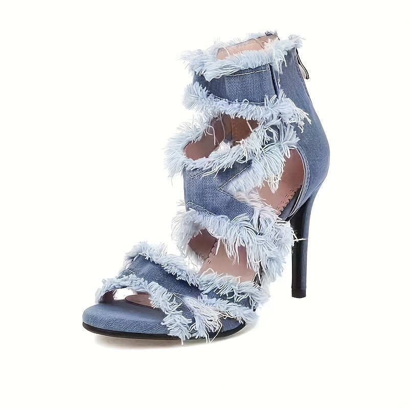 Women's Denim Cut-out High Heels, Peep Toe Back Zipper Stiletto Heels, Fashion Party Sandals