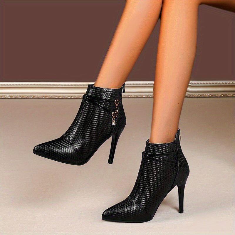 Sexy Women's High Heels Ankle Boots, Pointed Toe Stiletto Heels with Rhinestone Pendant, Versatile Short Boots for Various Occasions