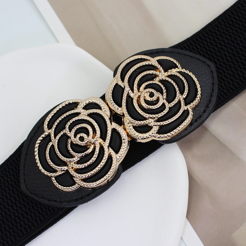 Vintage Stretch Wide Waist Belt For Women Dress Waistband Metal Leaf Buckle