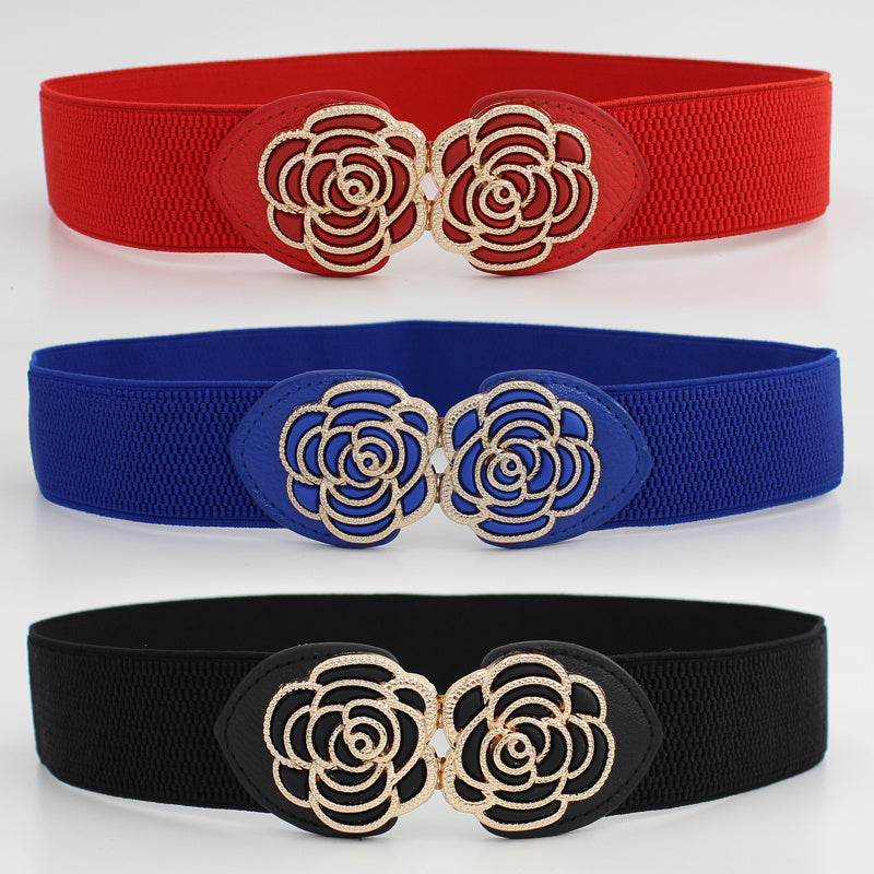 Vintage Stretch Wide Waist Belt For Women Dress Waistband Metal Leaf Buckle