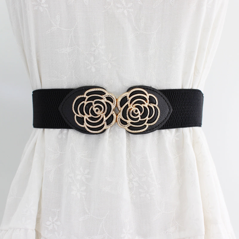 Vintage Stretch Wide Waist Belt For Women Dress Waistband Metal Leaf Buckle