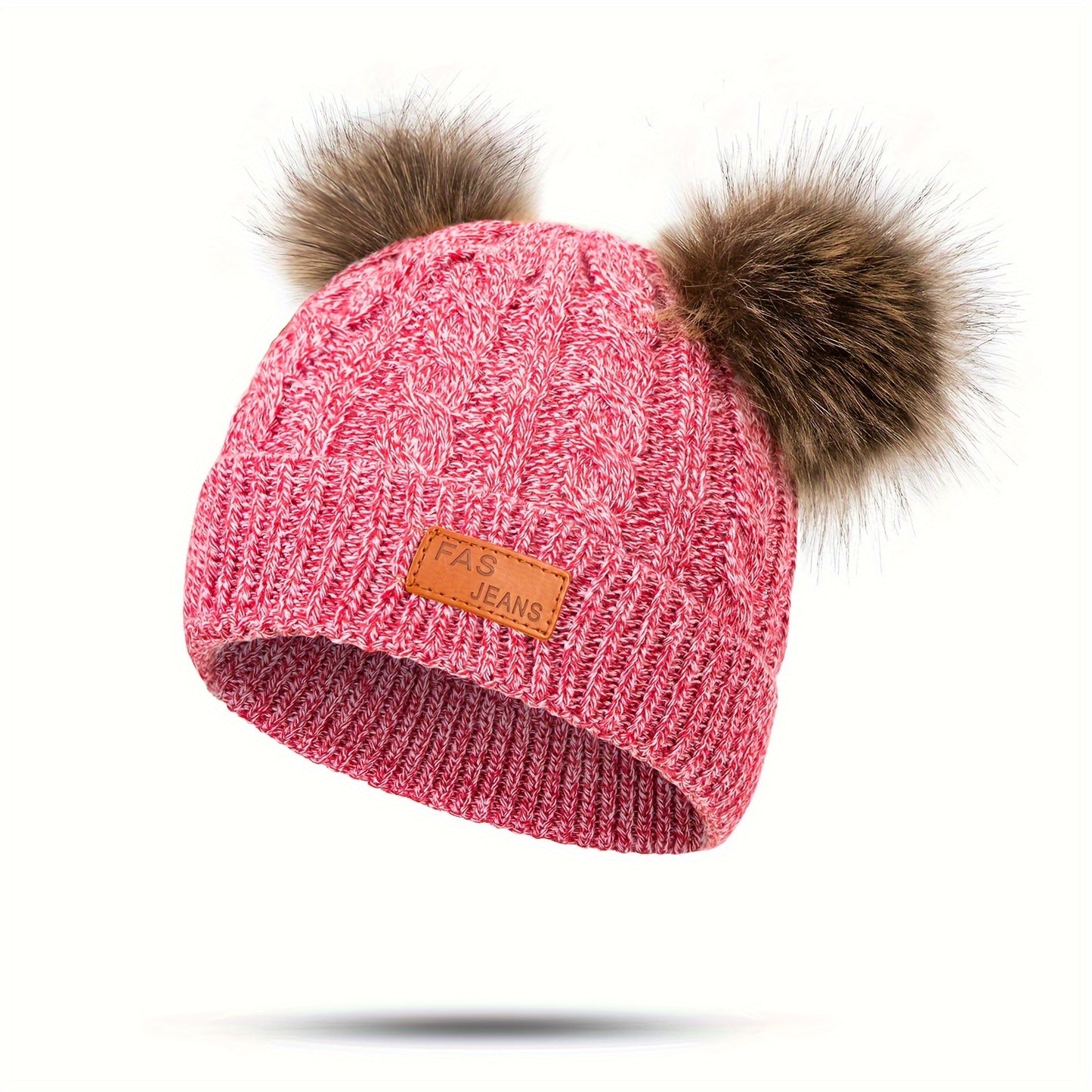 1pc Toddler Knitted Hat, Pure Color Winter Twist Double Pom Pom Knitted Beanies Cap
