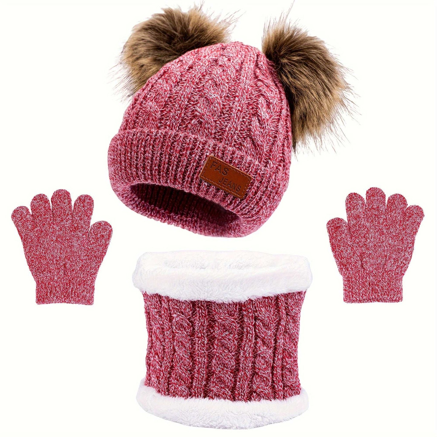 1pc Toddler Knitted Hat, Pure Color Winter Twist Double Pom Pom Knitted Beanies Cap