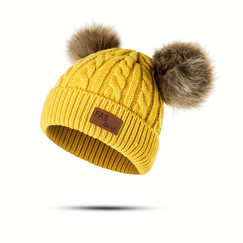 1pc Toddler Knitted Hat, Pure Color Winter Twist Double Pom Pom Knitted Beanies Cap