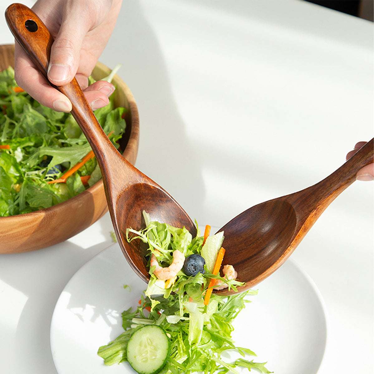 2-Pack Wooden Salad Servers Set - Acacia Wood, Rustic Charm, Durable Mixing Spoon & Fork with Long Handles, Perfect for Entertaining, Stylish Serving Utensils