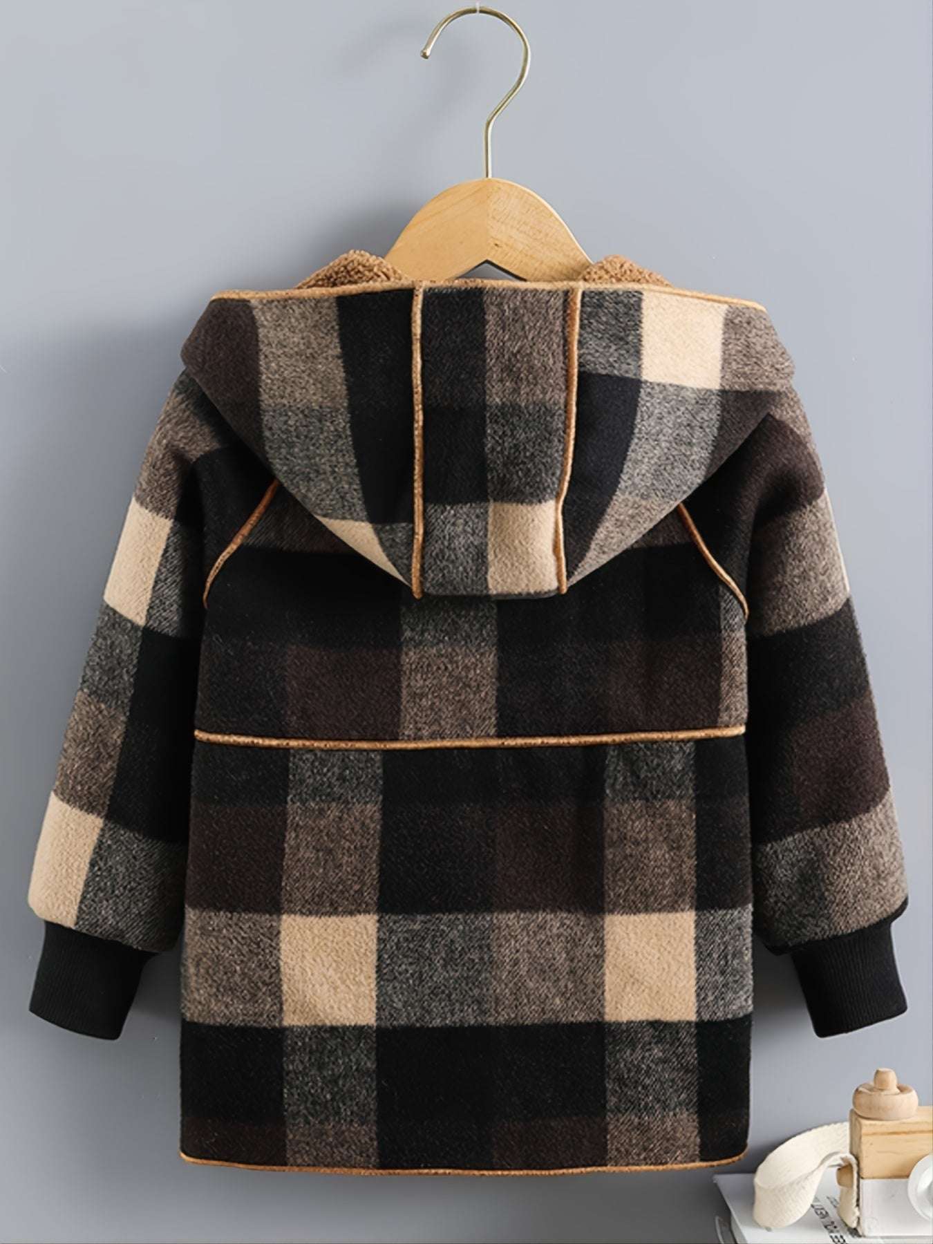 Cozy Boys' Plaid Hooded Jacket - Warm, Button-Front, Soft Plush Lining, Water-Resistant, Winter Kids' Clothing for Outdoor Play