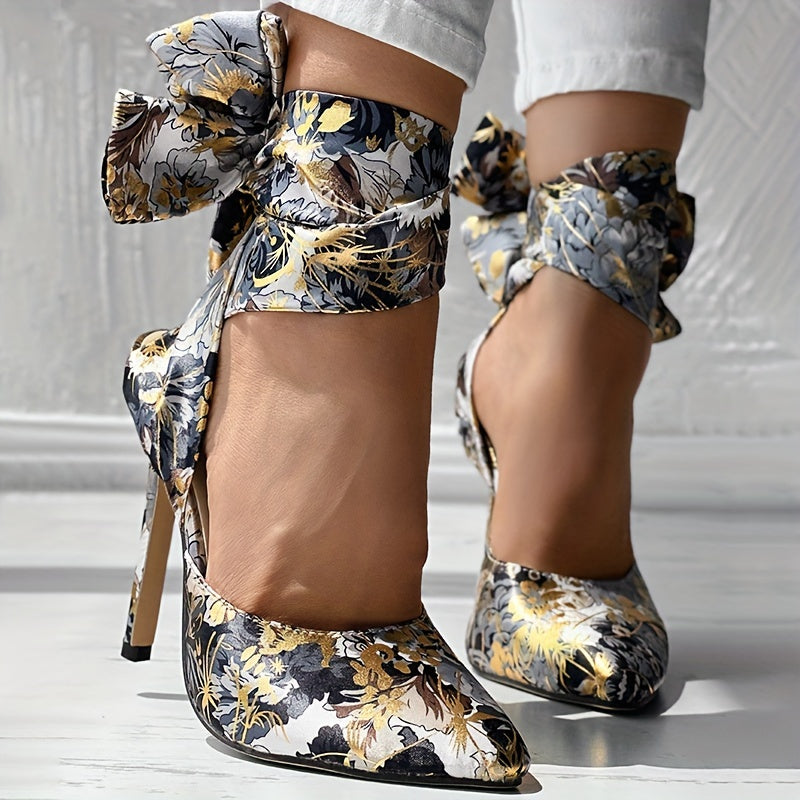 CBI STYLE Women's Floral Stiletto High Heels - Pointed Toe Ankle Strap Ultra-High Heels with Fabric Upper & PVC Sole for Weddings, Parties, Formal Events, Stiletto Heels
