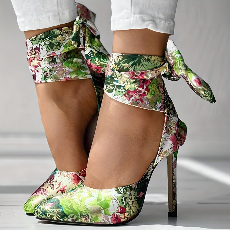 CBI STYLE Women's Floral Stiletto High Heels - Pointed Toe Ankle Strap Ultra-High Heels with Fabric Upper & PVC Sole for Weddings, Parties, Formal Events, Stiletto Heels