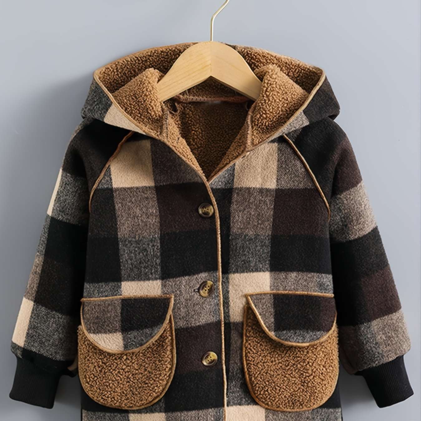 Cozy Boys' Plaid Hooded Jacket - Warm, Button-Front, Soft Plush Lining, Water-Resistant, Winter Kids' Clothing for Outdoor Play