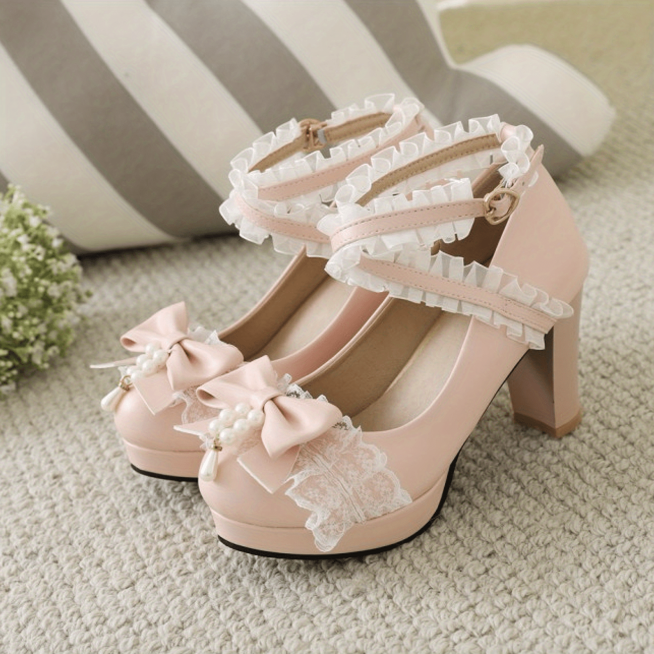 Women's Bow Platform High Heels, Faux Pearl Lace Cross Strap Chunky Heels, Cute Lolita Shoes