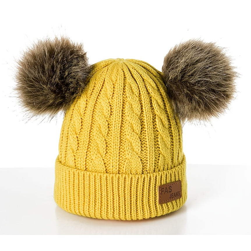 1pc Toddler Knitted Hat, Pure Color Winter Twist Double Pom Pom Knitted Beanies Cap