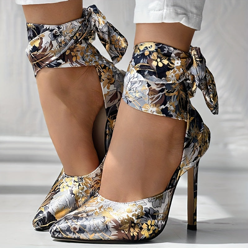 CBI STYLE Women's Floral Stiletto High Heels - Pointed Toe Ankle Strap Ultra-High Heels with Fabric Upper & PVC Sole for Weddings, Parties, Formal Events, Stiletto Heels