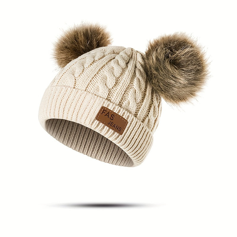 1pc Toddler Knitted Hat, Pure Color Winter Twist Double Pom Pom Knitted Beanies Cap