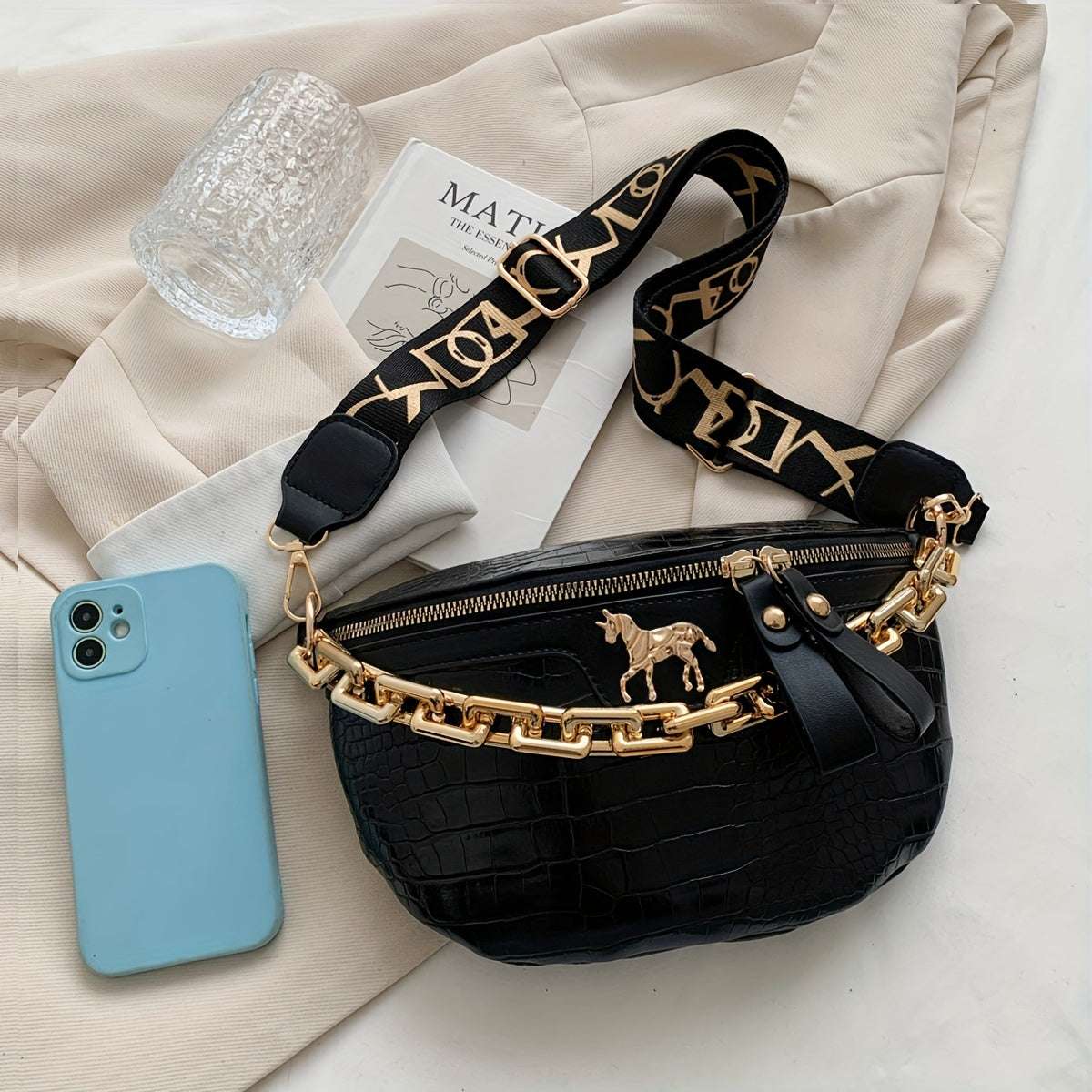 Crocodile Print Faux Leather Fanny Pack - Fashion-Forward Waist Bag for Travel, Sports & Style - Stylish Chain Accent, Durable Bum Bag for Hands-Free Convenience