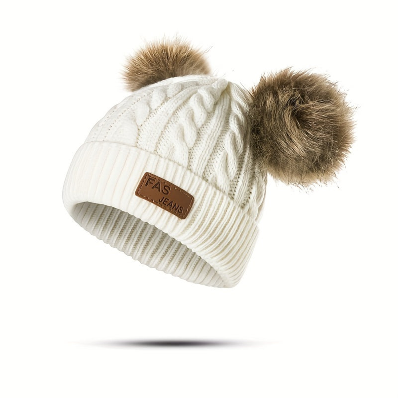 1pc Toddler Knitted Hat, Pure Color Winter Twist Double Pom Pom Knitted Beanies Cap