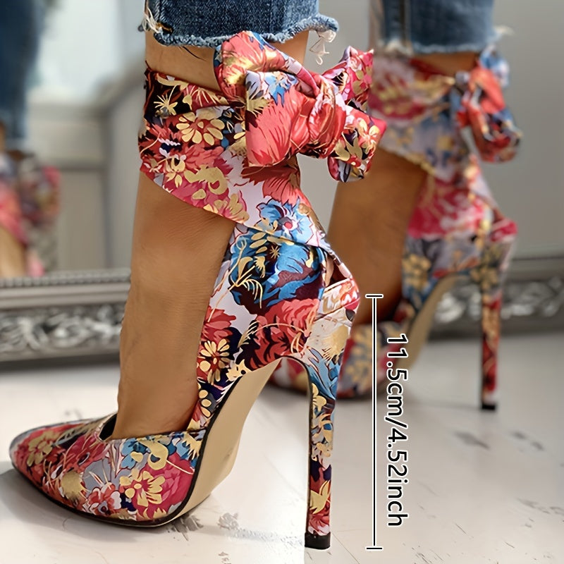 CBI STYLE Women's Floral Stiletto High Heels - Pointed Toe Ankle Strap Ultra-High Heels with Fabric Upper & PVC Sole for Weddings, Parties, Formal Events, Stiletto Heels