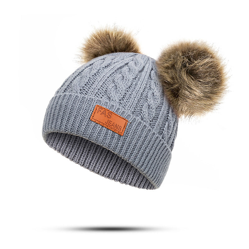 1pc Toddler Knitted Hat, Pure Color Winter Twist Double Pom Pom Knitted Beanies Cap