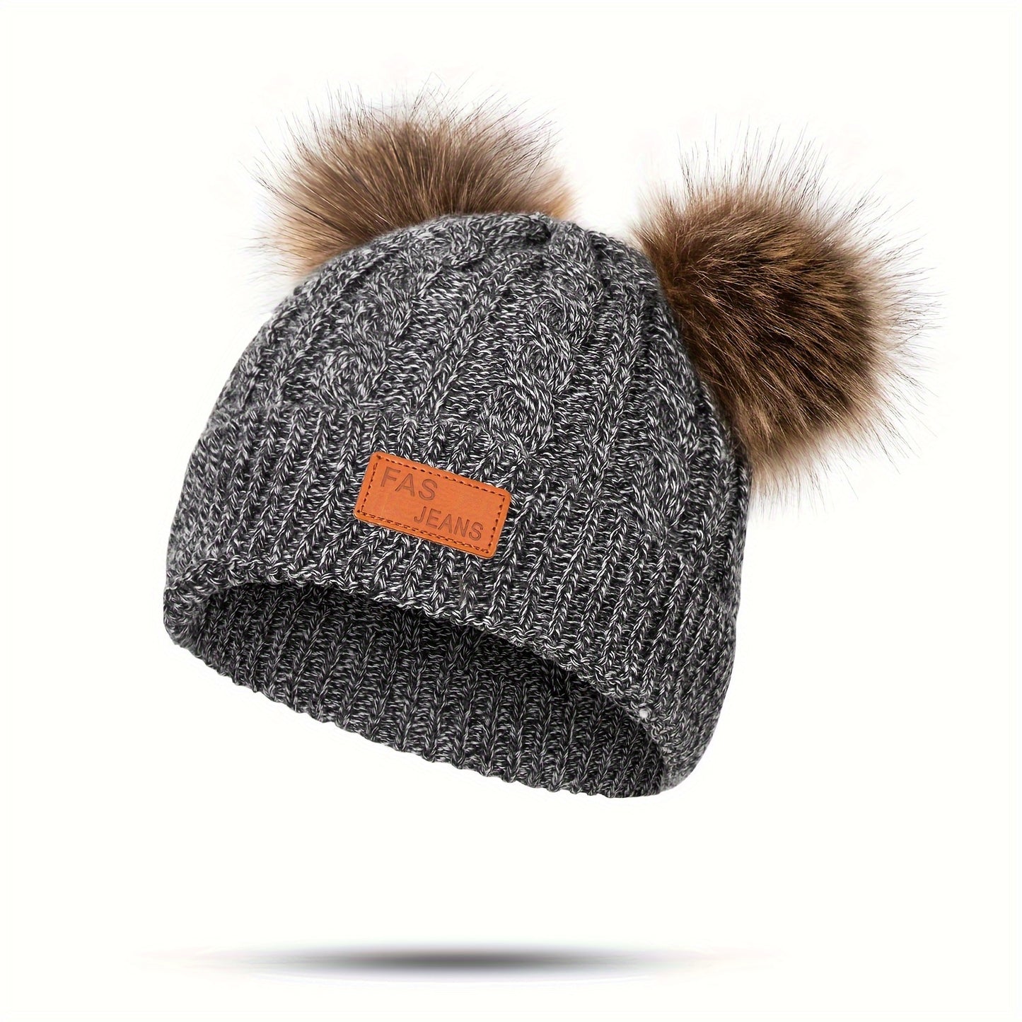 1pc Toddler Knitted Hat, Pure Color Winter Twist Double Pom Pom Knitted Beanies Cap