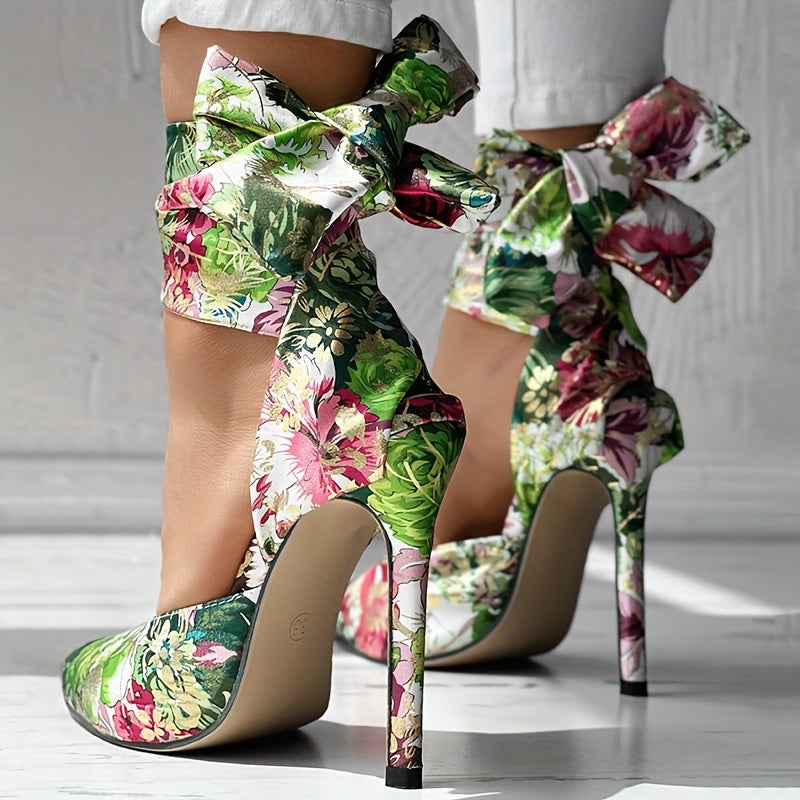 CBI STYLE Women's Floral Stiletto High Heels - Pointed Toe Ankle Strap Ultra-High Heels with Fabric Upper & PVC Sole for Weddings, Parties, Formal Events, Stiletto Heels