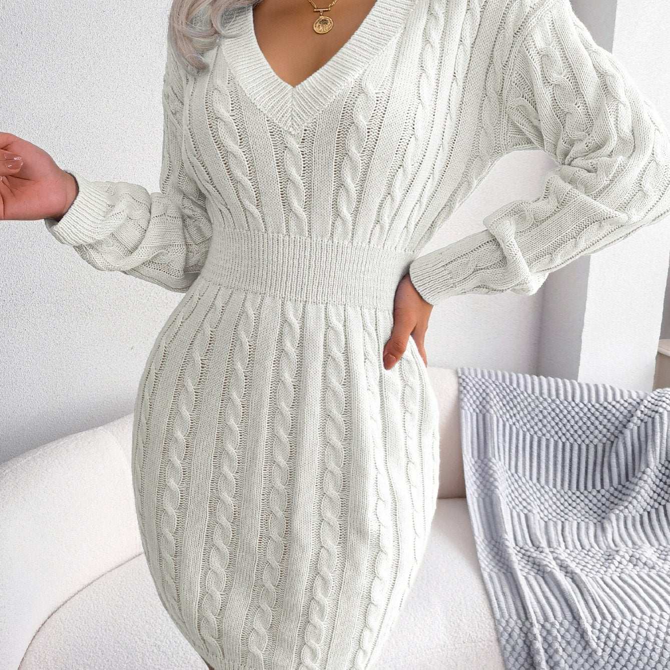 Casual Waist Cable Sweater Dress Solid V-neck Long Sleeve Fall Winter Bodycon Knit Dresses Women's Clothing
